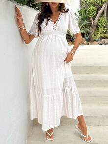 SHEIN 孕妇夏季休闲度假纹理荷叶边下摆连衣裙 - 白色 - 查看 5