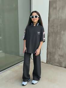 SHEIN Firerie Kids 2件套少女蝴蝶结装饰印花针织宽松T恤+裤子套装，休闲时尚百搭舒适日常穿着 - 灰色 - 查看 2