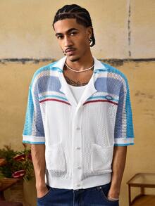 ROMWE MEN Men's Casual Contrast Striped Hollow-Out Knit Sweater - Blue - View 1