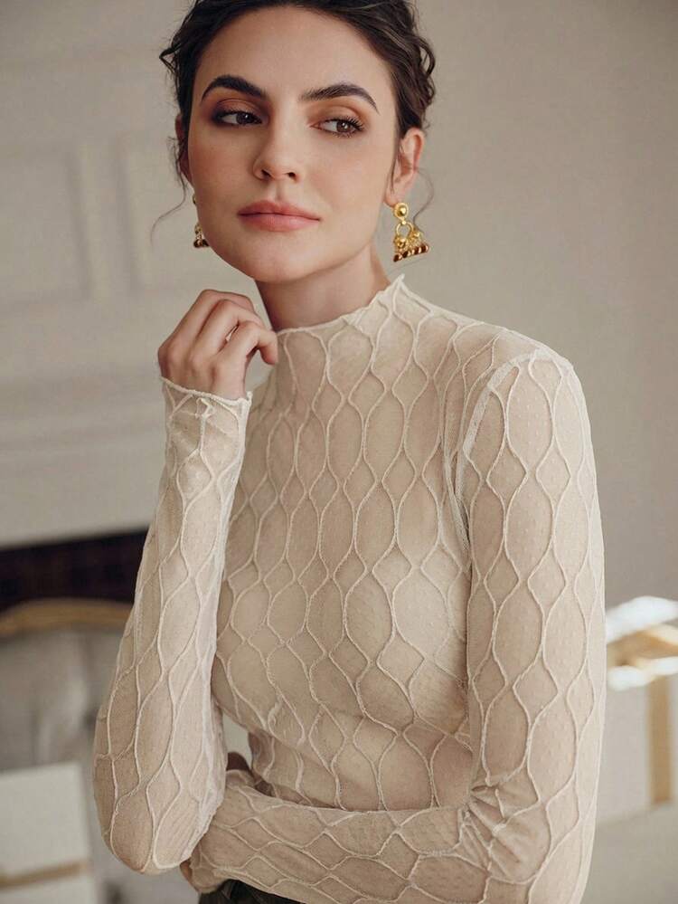 Women's Sexy Elegant Rhombus Texture Sheer Long Sleeve T-Shirt Top, Suitable For Party, Date, Spring