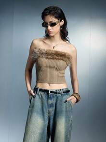 Airlisse Leopard Print Fur Collar Patchwork Cropped Top With Twisted Knit Vest - Khaki - View 5