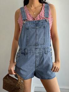 DAZY Quần yếm denim ngắn tối giản màu trơn dành cho nữ, phong cách Y2K - Rửa trung bình - Xem 4