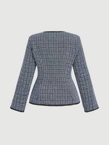 SHEIN MOD Bộ đồ nữ cỡ lớn 2 mảnh bằng vải tweed phối màu, áo blazer dài tay cài cúc đơn màu trơn thanh lịch bằng vải tweed, trang phục thu đông, cúc áo mạ bạc sáng bóng. - Màu xanh hải quân - Xem 7