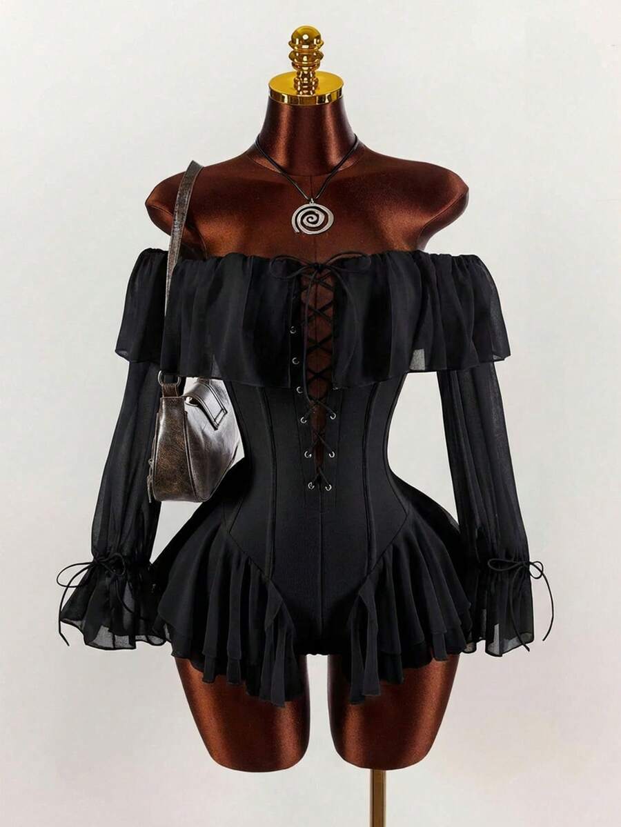 Amplova Romantic Vacation Off-Shoulder Ruched Waist A-Line Jumpsuit For Women - Black - View 1