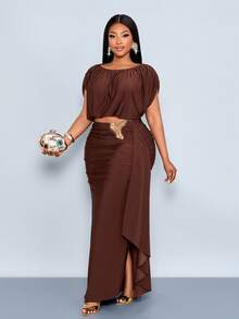 SOLERSUN Bộ đồ hai mảnh cỡ lớn mùa xuân/hè mới về: Áo không tay bóng bẩy với thiết kế bất đối xứng, cúc kim loại và chân váy xếp ly. - Cà phê nâu - Xem 6