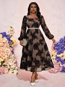 SHEIN Lady Elegant Spring Formal Wedding Dresses,Shades Of Brown Vintage Embroidery Square Neck Ball Gown Modest Plus Size Long Bishop Sleeve Cocktail Party - Pink - View 6