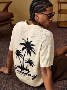 ROMWE MEN Street Life 男士椰子提花短袖单排扣休闲针织上衣 - 米色 - 查看 5