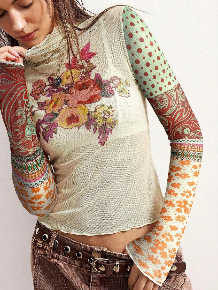 Bohemela Áo dài tay mỏng in họa tiết tối giản dành cho nữ - Màu be - Xem 1