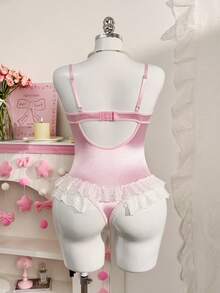 PetitDoll 1pc Soft, Stretchy Satin Matte Shiny Fabric Bodysuit With Backless U-Shaped Design, Adjustable Pink Straps, Multi-Layer Ruffled Hem, Sweet & Cute One-Piece Lingerie - Multicolor - View 7