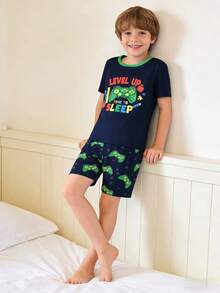 Young BoyVideo Game Glow-In-The-Dark Round Neck Short Sleeve Top And Shorts Pajama Set - Multicolor - View 1