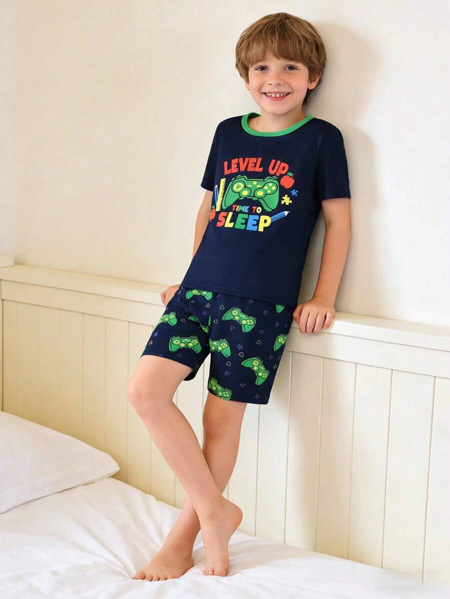 Young BoyVideo Game Glow-In-The-Dark Round Neck Short Sleeve Top And Shorts Pajama Set - Multicolor - View 1