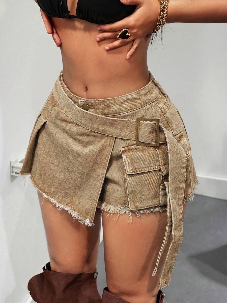 SHEIN ICON 女士休闲复古裹身流苏边牛仔短裤，夏季 - 卡其色 - 查看 1