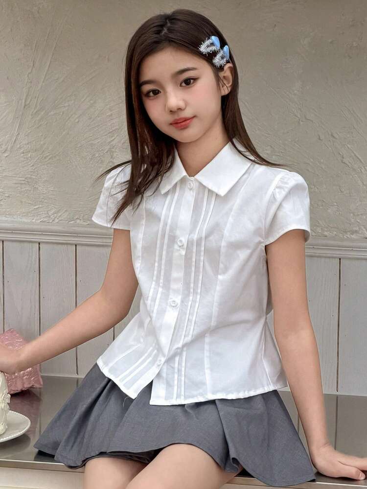 Tween Girl Solid Color Front Button Elegant Short Sleeve Blouse, Spring/Summer