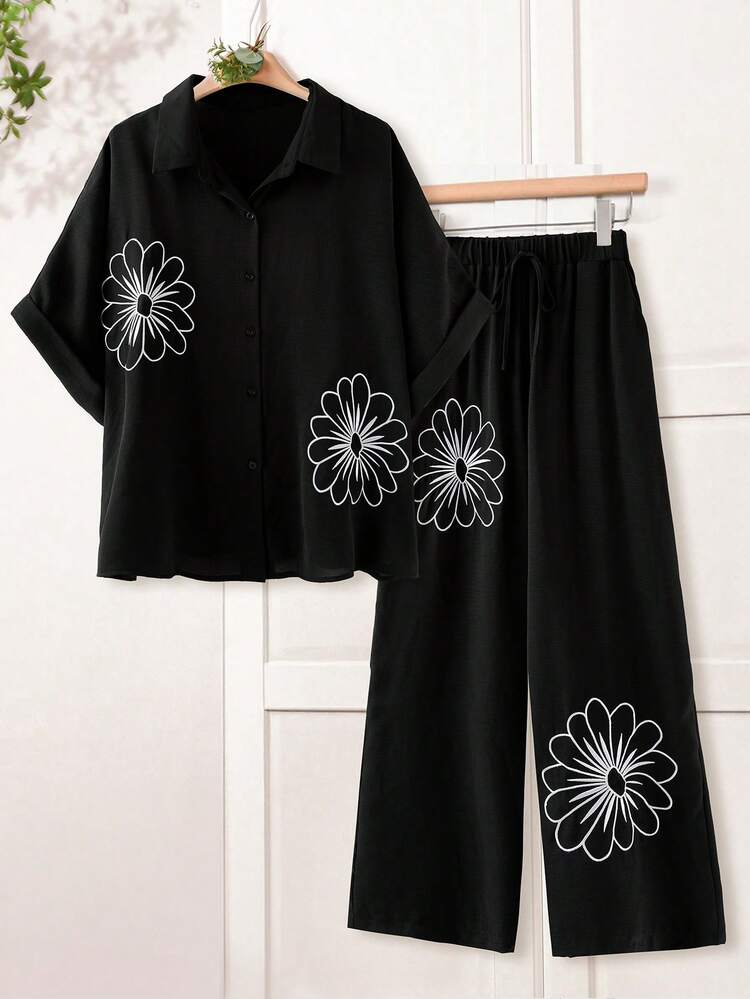 Vintage Raglan Sleeve Shirt Collar Button Down Shirt And Plus Size Loose Beige Wide Leg Pants 2 Pieces Set, Spring/Summer\Vacation Black  Summer Outfits Summer Clothes  Spring  Spring Outfit Women Spring Clothes Country Style For Women