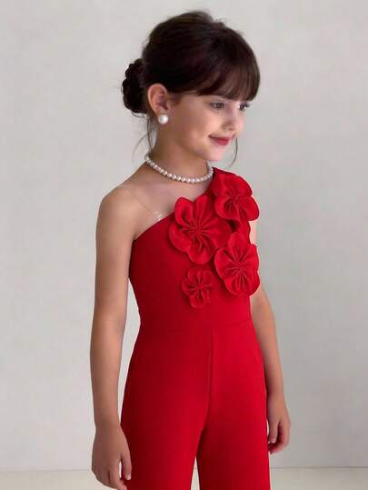 SHEIN Mono informal y elegante para niña preadolescente con hombro asimétrico, ajuste ceñido y decoración floral 3D minimalista en color púrpura, adecuado para fiestas, reuniones y bodas en primavera/verano