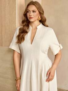 Roveilla 大码女装春夏法式优雅奢华简约休闲波西米亚风度假/办公通勤复古风舒适纯色亚麻混纺V领弹力腰身喇叭下摆褶皱袖口装饰长裙 - 杏色 - 查看 3