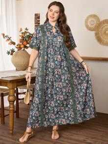 Lacomfia Random Floral Print Pattern Loose Fashionable Simple Elegant Patchwork Lace Comfortable Versatile Plus Size Women Dress - Multicolor - View 5