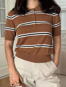 DAZY 女士条纹印花半拉链套头短袖针织衫 - 咖啡棕 - 查看 5