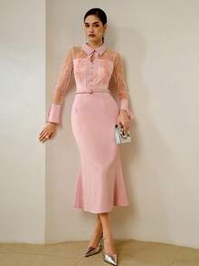 ZEYLAH Đầm midi dài tay phối ren màu trơn đơn giản cho nữ - Hồng - Xem 6