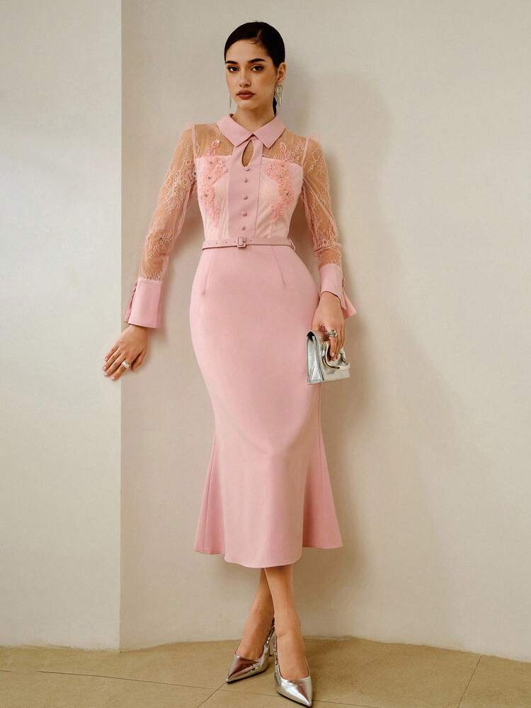 ZEYLAH Women Casual Solid Color Lace Patchwork Long Sleeve Midi Dress