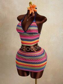 Zestiva Ensemble de 2 pièces femme, débardeur texturé rétro et bretelles. Ensemble élégant de vacances, style plage ensoleillée. Ensemble bikini 2 pièces femme. Ensemble de 3 pièces pour vacances femme, robe, jupe, maillot de bain - Multicolore - Voir 5