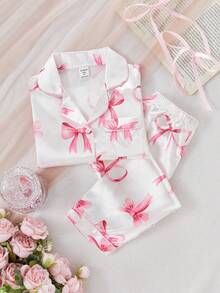 Young Girls Pajamas-2 Piece Pajama Set Spring To Summer Satain Pajamas - White - View 5