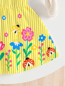 SHEIN Playful Pals 女婴彩色花卉瓢虫印花针织撞色条纹吊带连衣裙，夏季 - 彩色 - 查看 5