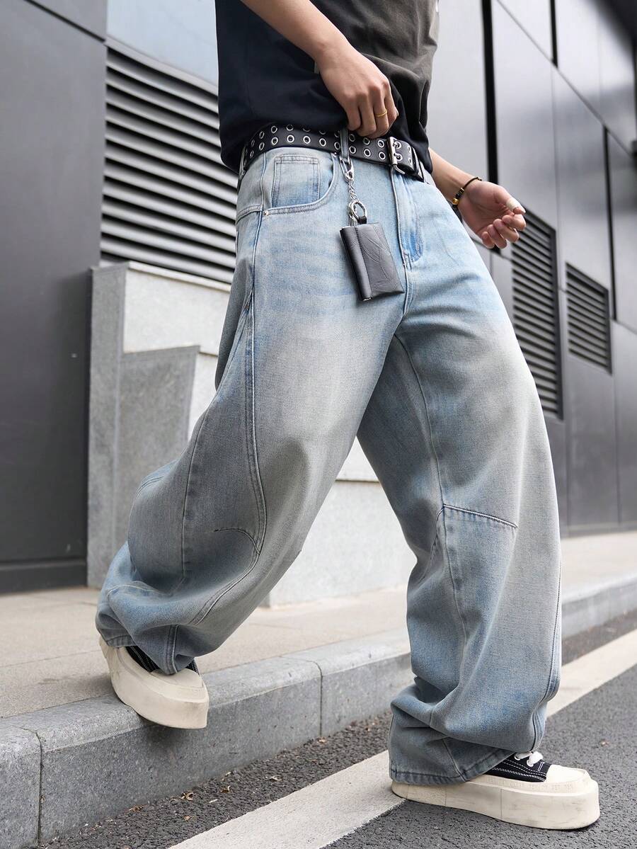 Manfinity EMRG 男士时尚街头风宽松水洗弧形裤脚裤 - 淺色水洗藍 - 查看 1