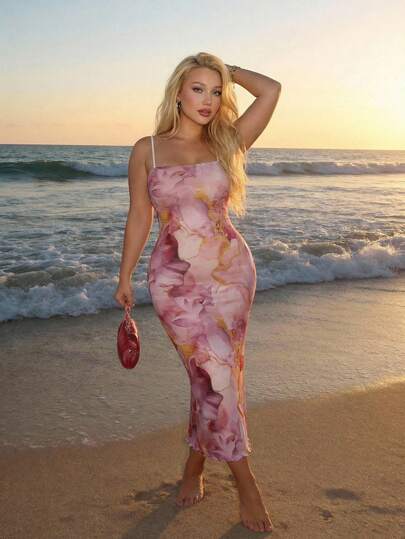 SHEIN MOD Plus Size Women Marble Print Fitted Fashionable Spaghetti Strap Mesh Dress,Pink Polyester Spandex Floral Print Midi Dress Soft Rose Marble Pattern Spaghetti Strap Bodycon Silhouette Elegant Feminine Style Spring Summer Outdoor Casual Daywear Lightweight Stretch Fabric