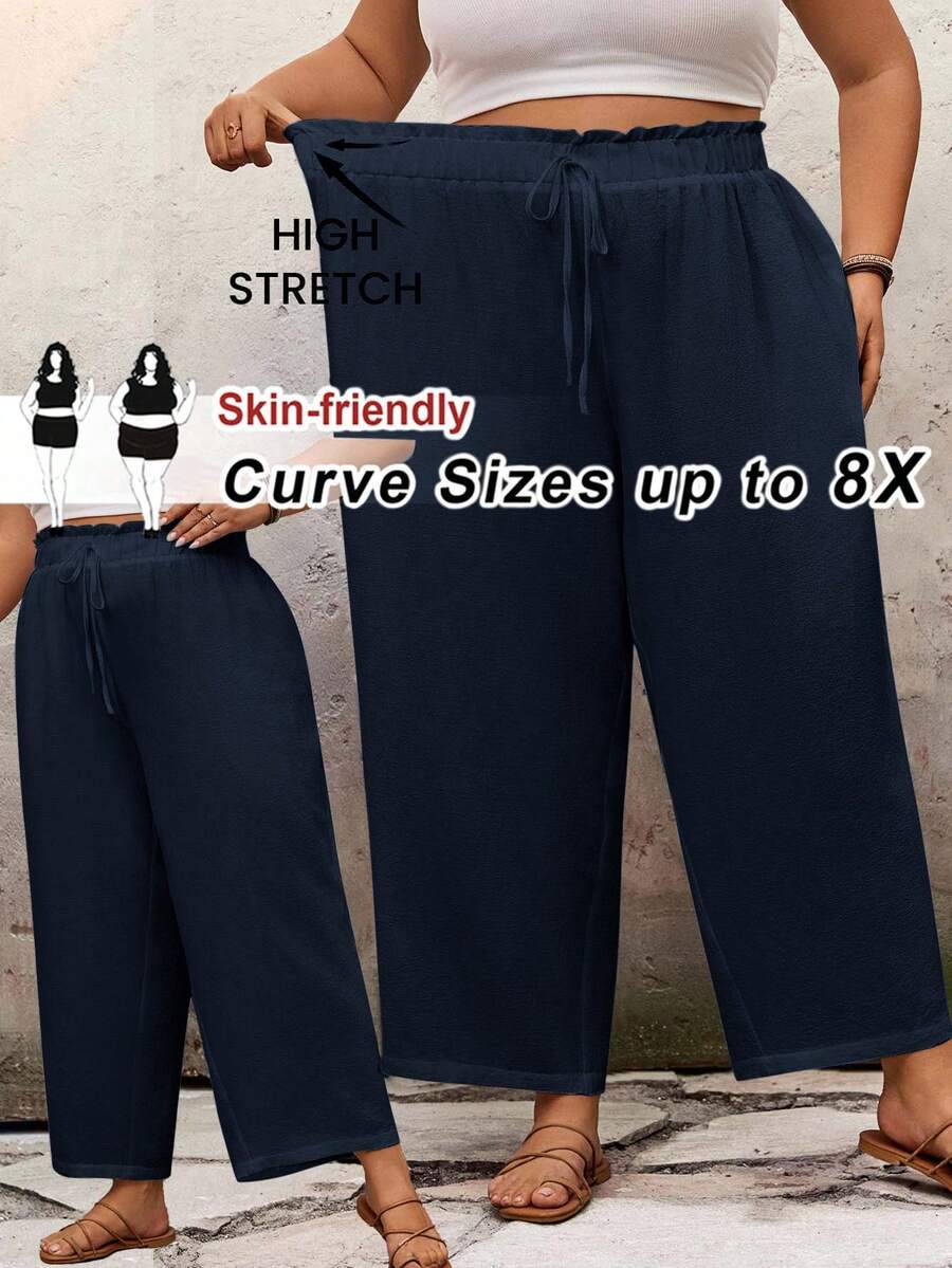 SHEIN CURVE+ 大码休闲纯色宽松长裤，适合夏季/乡村/海滩度假/海滩/沙滩装 - 霧霾藍 - 查看 1
