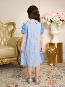 Vestido con cuello de malla de contraste lindo para niñas jóvenes - Azul - Ver 2