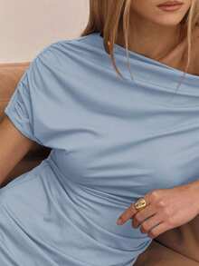 MUSERA Asymmetrical Shoulder Ruched Side Split Maxi Dress Spring Romantic Birthday Prom Wedding Guest Graduation Holiday Ibiza Beach Festival Fall Wedding Guest, Elegant , , Fall,  Summer Long Dress - Blue - View 4