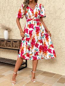 SHEIN Clasi 女士印花V领荷叶边袖侧开衩下摆优雅连衣裙，适合度假穿着 - 玫紅色 - 查看 9