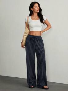 SHEIN PETITE Women's Tie Waist Striped Wide Leg Loose Casual Pants - Navy Blue - View 4