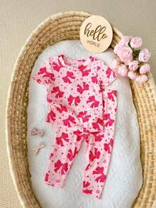 SHEIN Bộ đồ mặc nhà tay ngắn màu hồng dễ thương, kiểu dáng thường ngày cho bé gái, có nơ trang trí. - Hồng - Xem 3