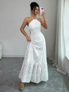 Elenzga Women's Embroidered Floral Halter Neck Backless Tie-Up Waist A-Line Dress, Delicate Design, Vacation Style, Spring/Summer - White - View 1