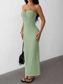 SHEIN PETITE 钩针编织夏季浪漫度假紧身手工钩针抹胸连衣裙，适合约会、度假，秋冬季休闲优雅日常穿着。 - 薄荷綠 - 查看 6