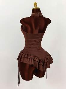 Amplova Ruffled High Neck Asymmetric Hem Cinched Waist Mini Dress - Brown - View 10