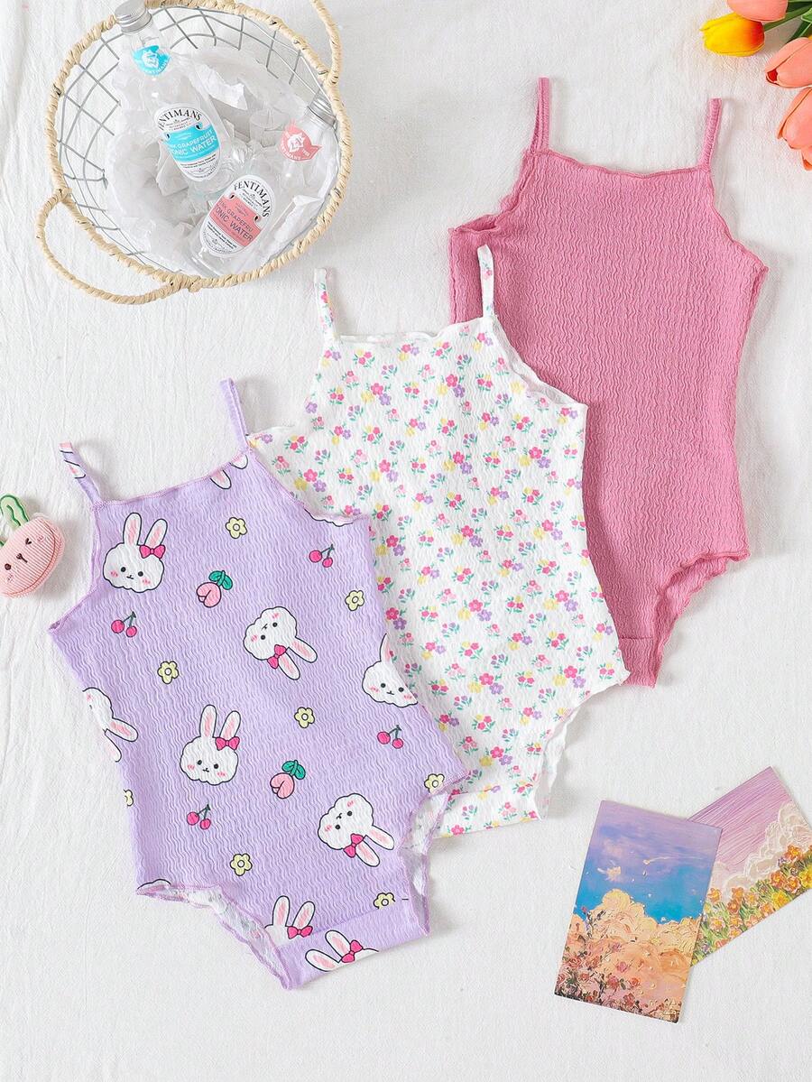 SHEIN Playful Pals 3pcs Baby Girls' Comfortable Versatile Minimalist Solid Color Knit Camisole Romper Set, Spring/Summer