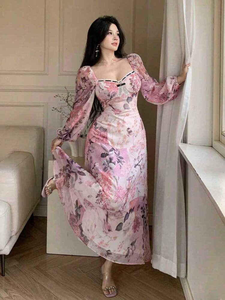 Spring & Summer Ditsy Floral Pink Dress With Black Lace Bow Contrast Color Patchwork, Elegant For Valentine's Day, Wedding, Party, Formal Occasion, Fashion, Commute, Waist Cinched, Fitted, Long Sleeve, Vacation, Beach, Chiffon Midi Dress For Women Sundress