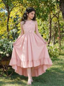 SHEIN 少女花卉刺绣荷叶边露背连衣裙 - 粉色 - 查看 6