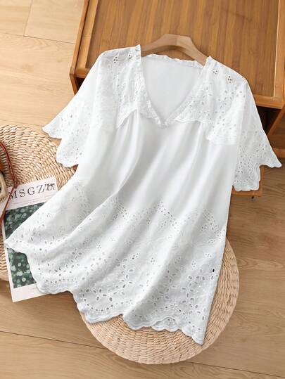 EMERY ROSE Plus Size Summer Casual Solid Color Hollow Out Embroidered Shirt\Vacation