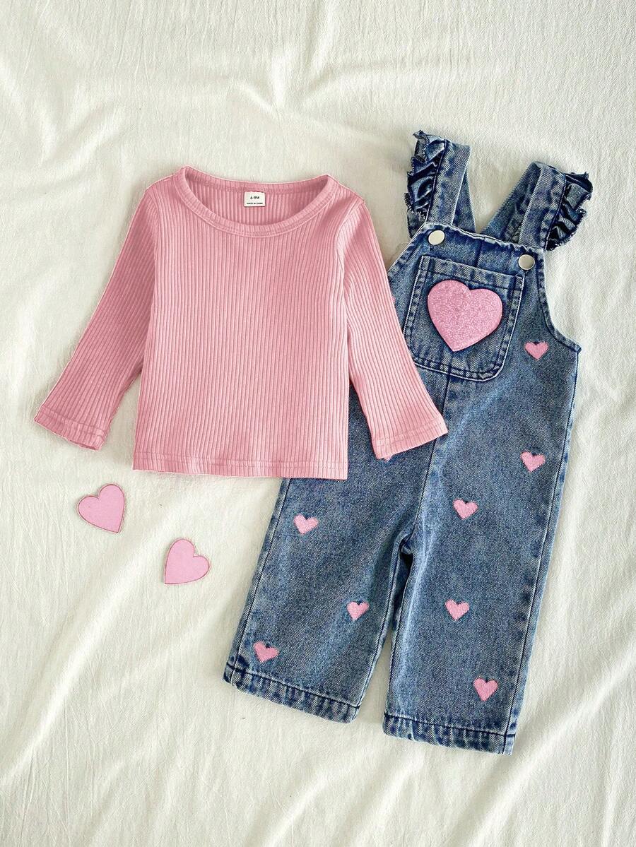 SHEIN Vintaside Kids 1 pieza Mono vaquero casual y lindo con bordado floral y tirantes para bebé niña, adecuado para salidas y fiestas - Rosa - Ver 1