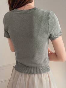 FRIFUL 女士圆领镂空前片紧身短袖性感针织上衣 - 灰色 - 查看 7