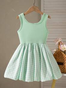 Genkimix Kids 少女夏季新款黑色吊带背心，法式性感收腰蝴蝶装饰蓬蓬裙，复古公主裙 - 綠色 - 查看 2