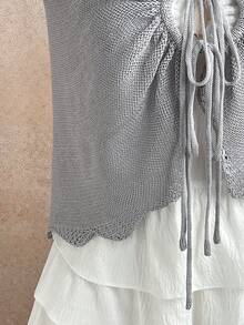 Elamini 女士休闲百搭简约前系带薄款开衫 - 灰色 - 查看 4