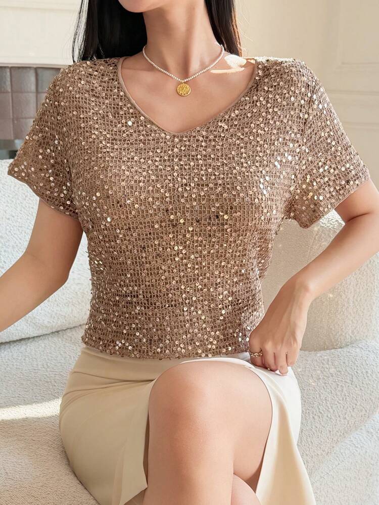 Women's Casual Sequin Embellished T-Shirt, Summer