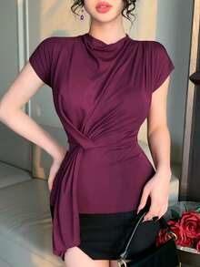 DAZY Women's Elegant Solid Color Asymmetric Drape Neck Tie T-Shirt, Summer - Purple - View 1
