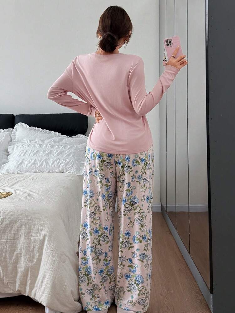 Solid Color V-Neck Top & Loose Floral Print Pajama Pants Women Sleepwear Set