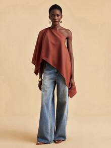 Travachic 女士休闲不对称纯色上衣，夏季，度假休闲套装，适合夏季假期、春假、派对、海滩、春季、情人节、狂欢节等场合，优雅百搭，适合春夏季节、派对、夏季上衣、情人节上衣、狂欢节服装、墨西哥风情波西米亚风上衣，一件多穿 - 鏽棕色 - 查看 4